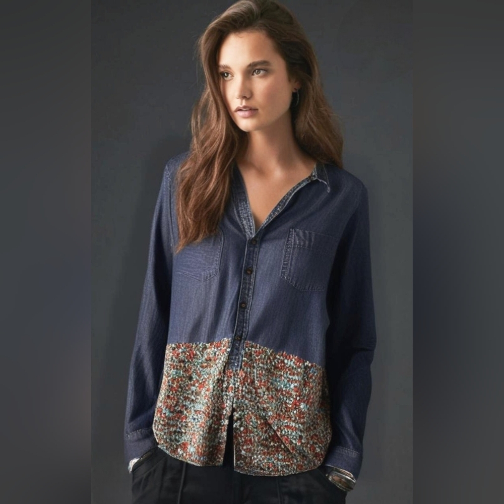Anthropologie Postmark Blue Chambray Floral Splice Shirt